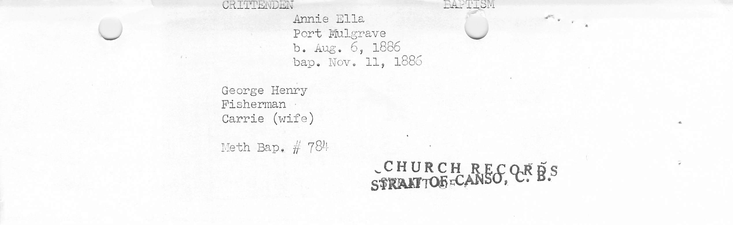 Annie Ella Crittenden Baptism 1886