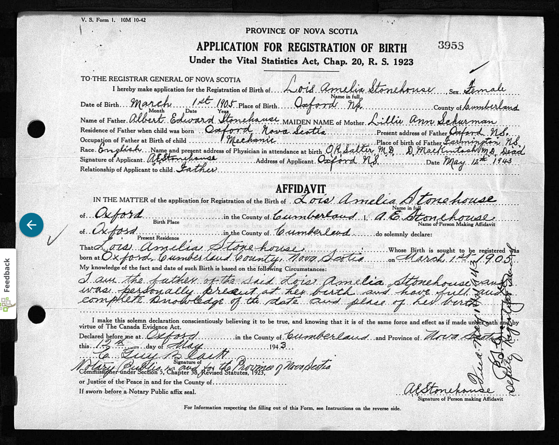 Birth Lois Amelia Stonehouse