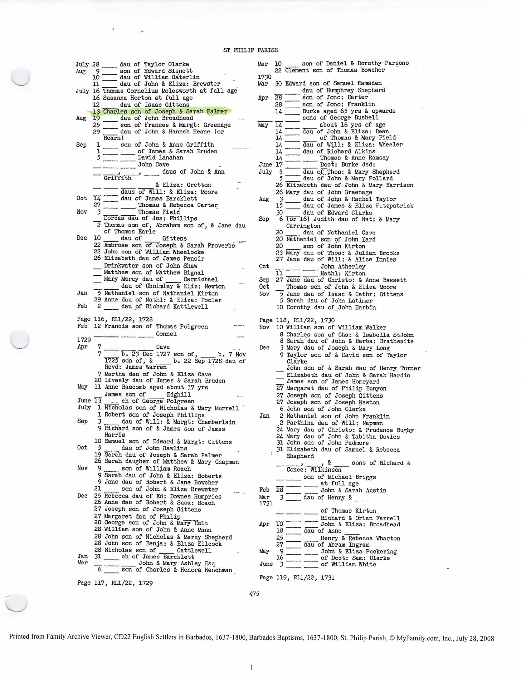 Charles Palmer baptism 1727