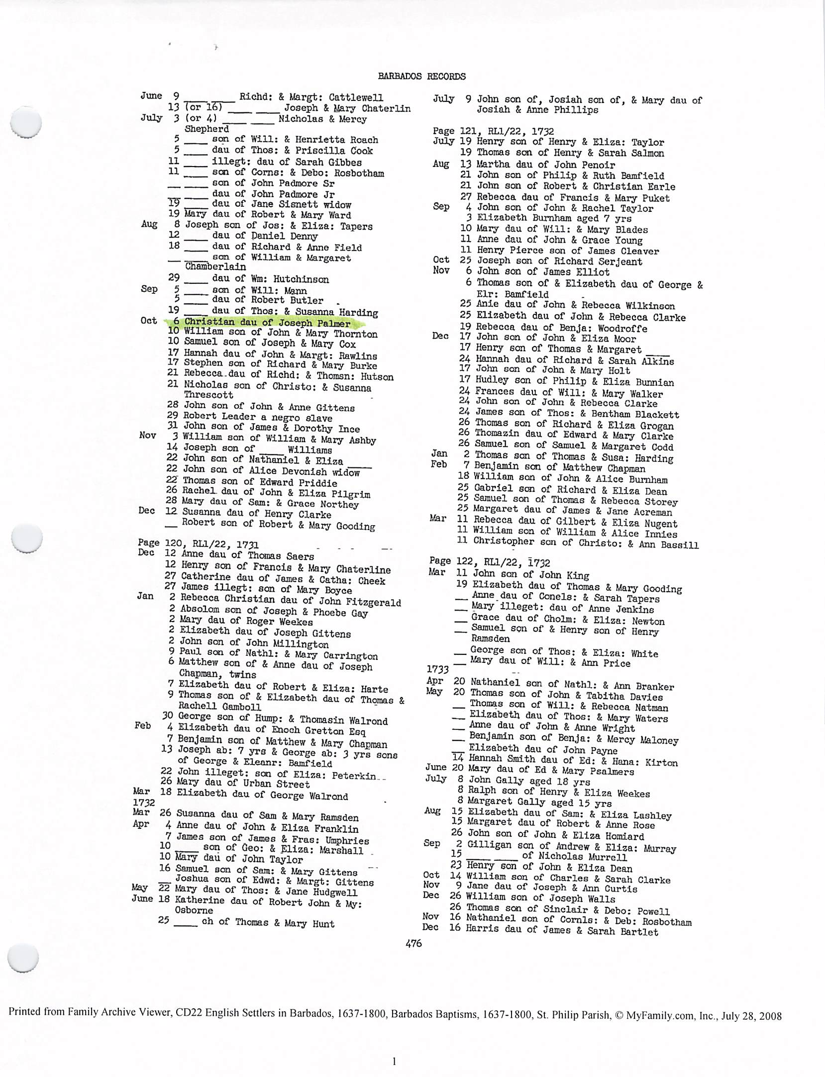 Christian Palmer Baptism 1732