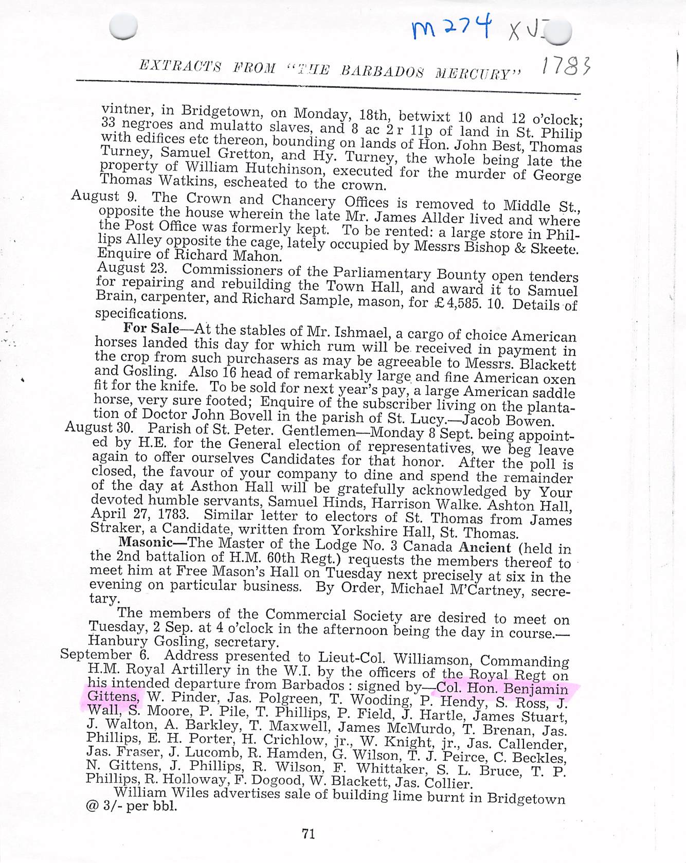 Col Hon Benjamin Gittens page 71