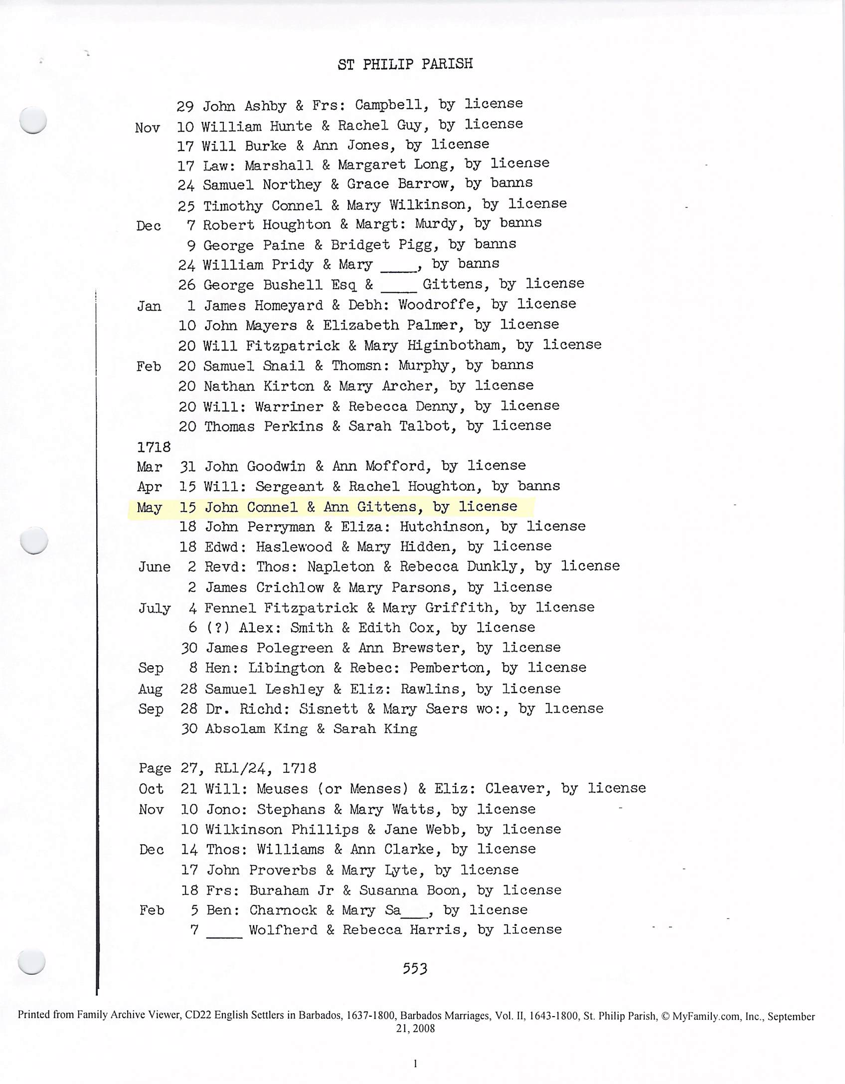 Connel - Gittens marriage 1718