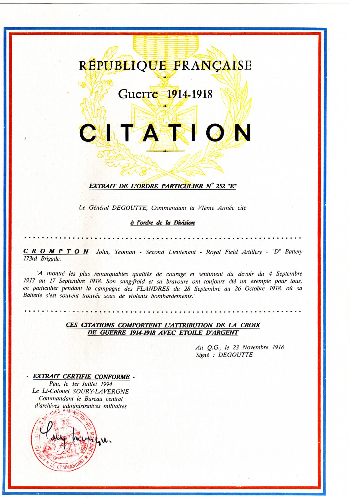Croix de Guerre Citation