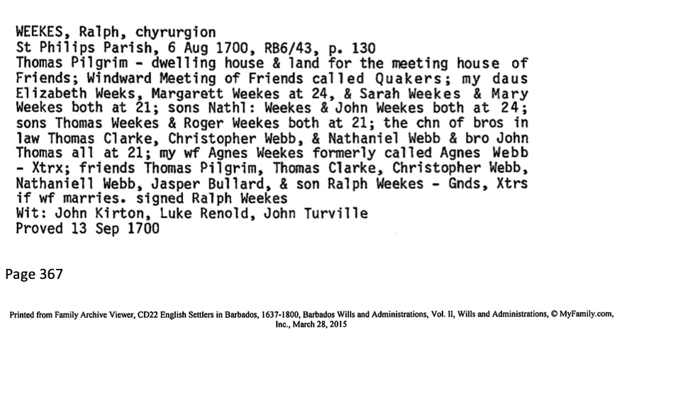 Dr. Ralph Weekes Will 1700
