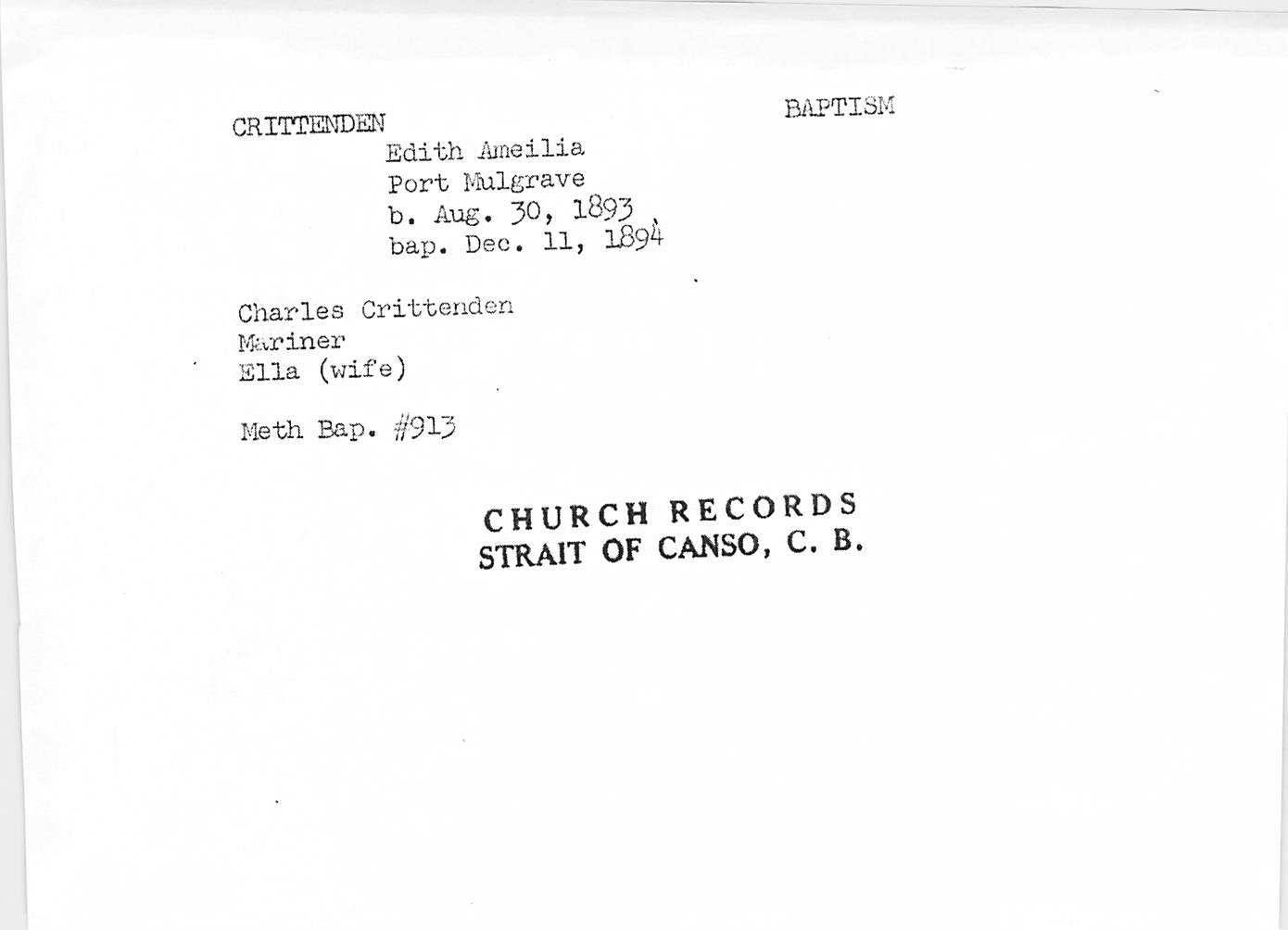 Edith Crittenden baptism 1894