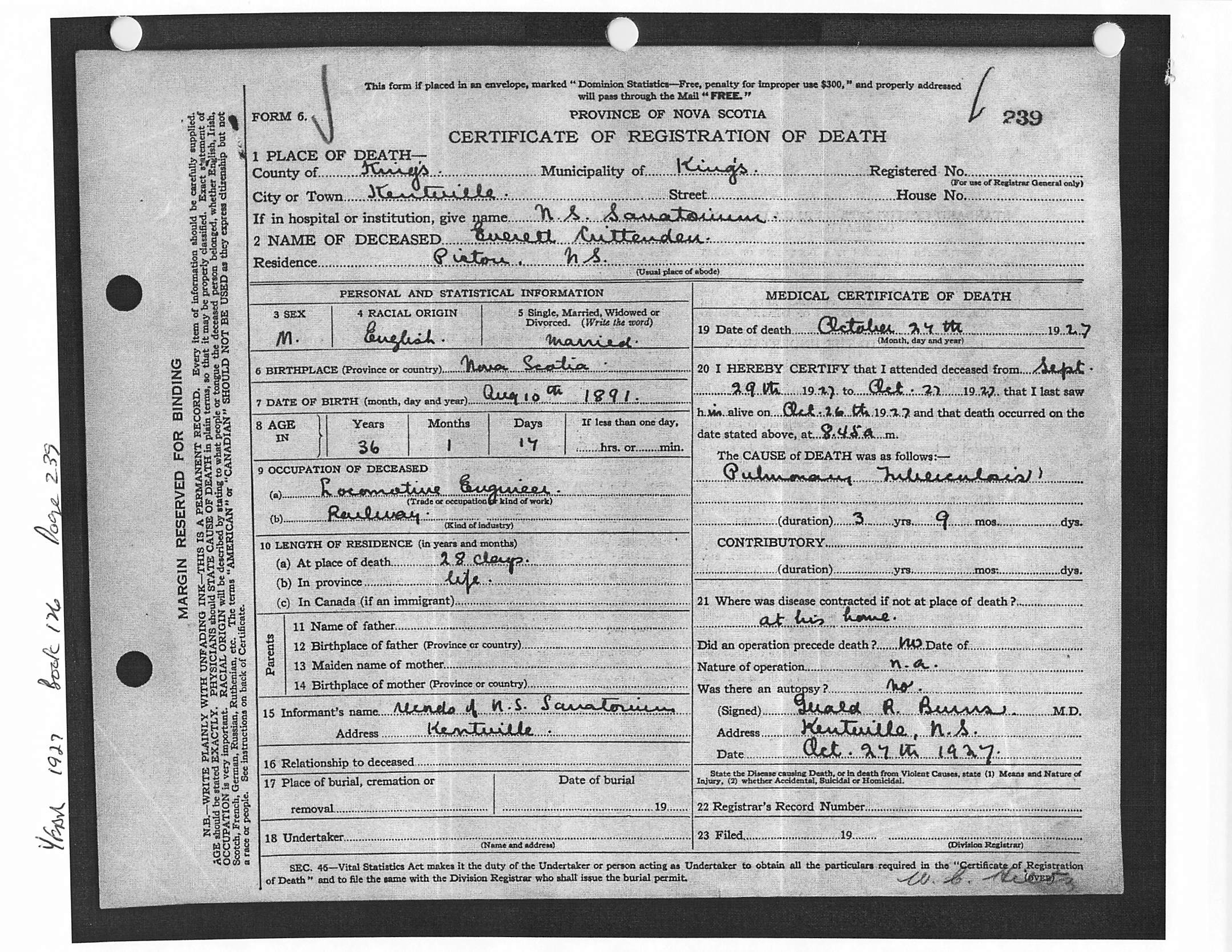 Evertt Thomas Crittenden Death Certificate