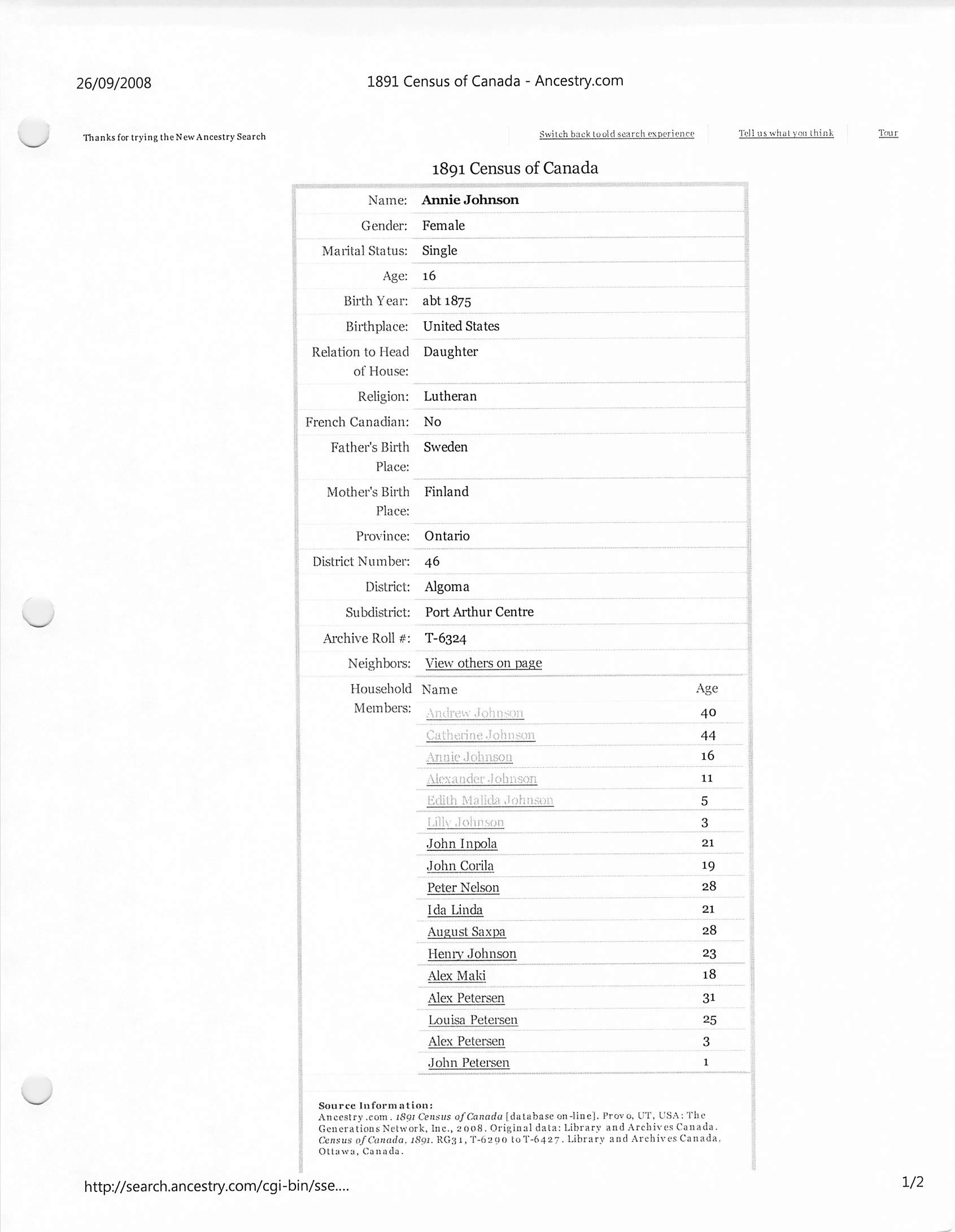 Family of Andew Johnson 1891 Census