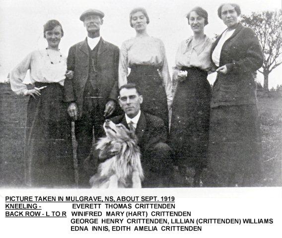 Back row L-R: Winnifred Mary (Hart) Crittenden, George Henry Crittenden, Lillian (Crittenden) Williams, Edna Innis, Edith Amelia Crittenden