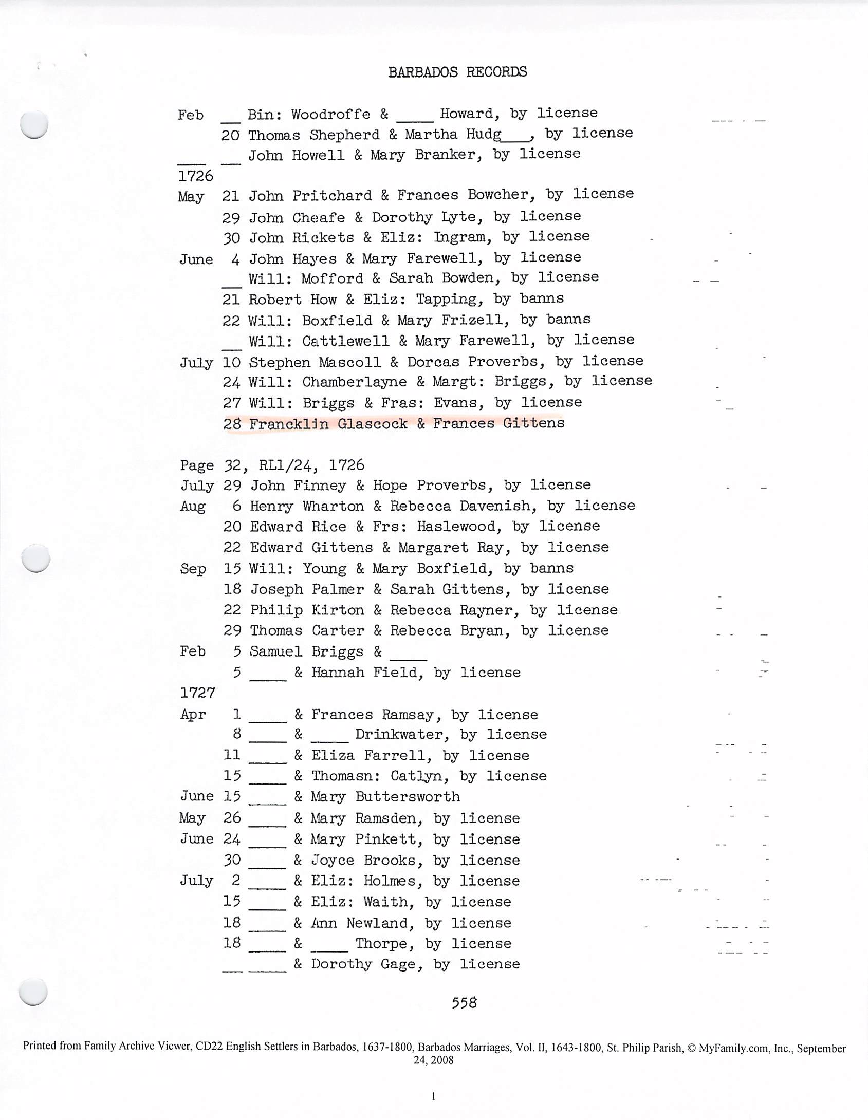 Glascock-Gittens marriage 1716
