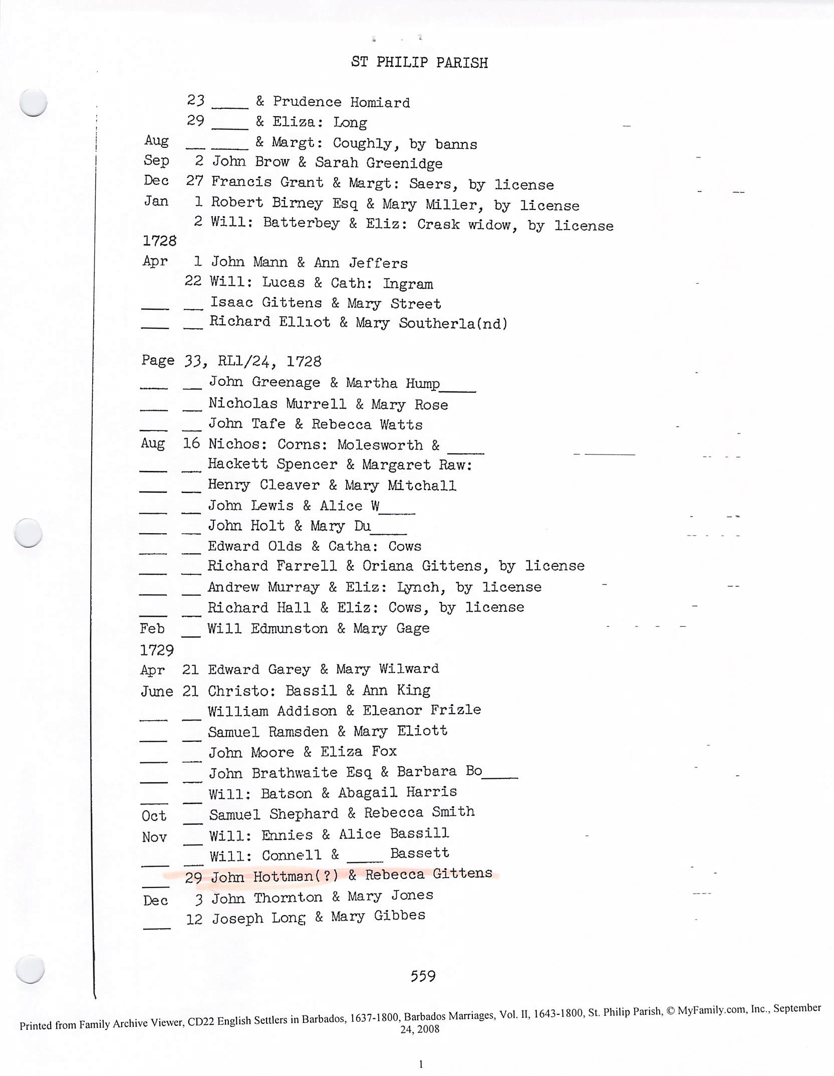 Hottman - Gittens marriage 1729