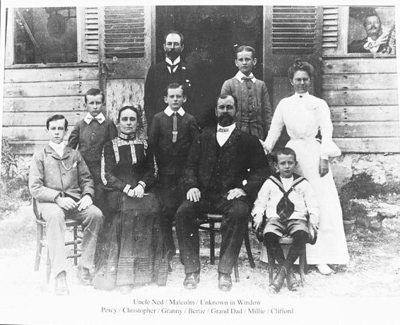 L-R Back Uncle Ned, Malcolm, L-R front Percy, Christopher, Granny, Bertie, Grand Dad, Millie, Clifford