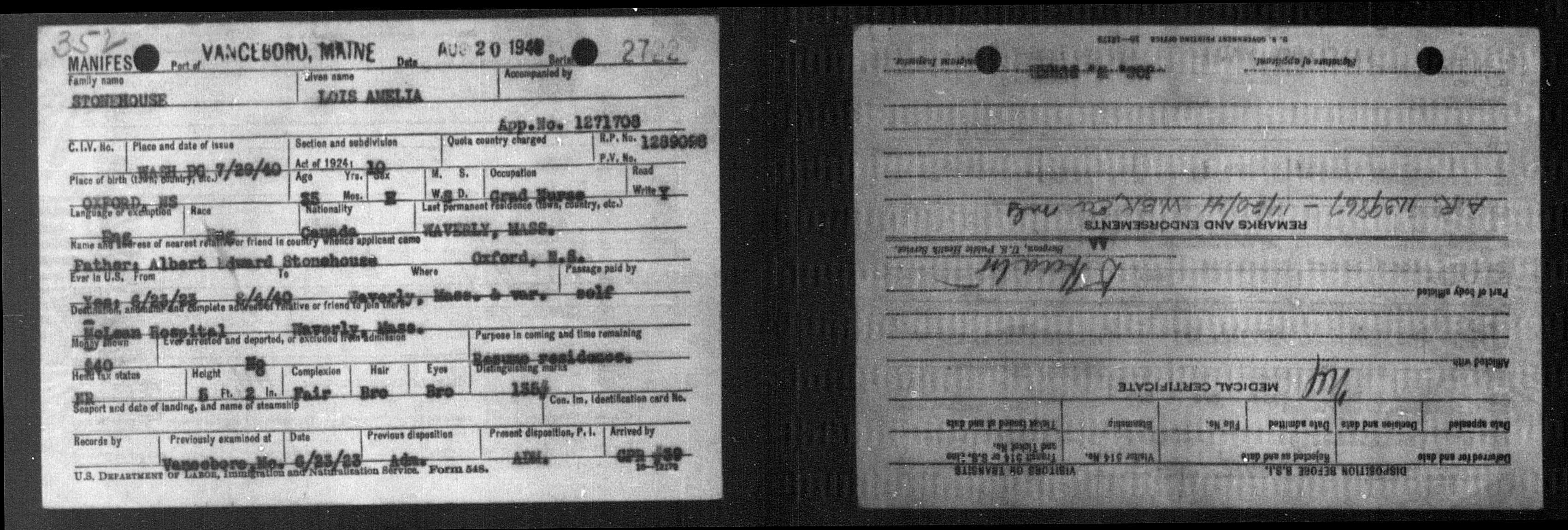 Immigration Lois Stonehouse 1924