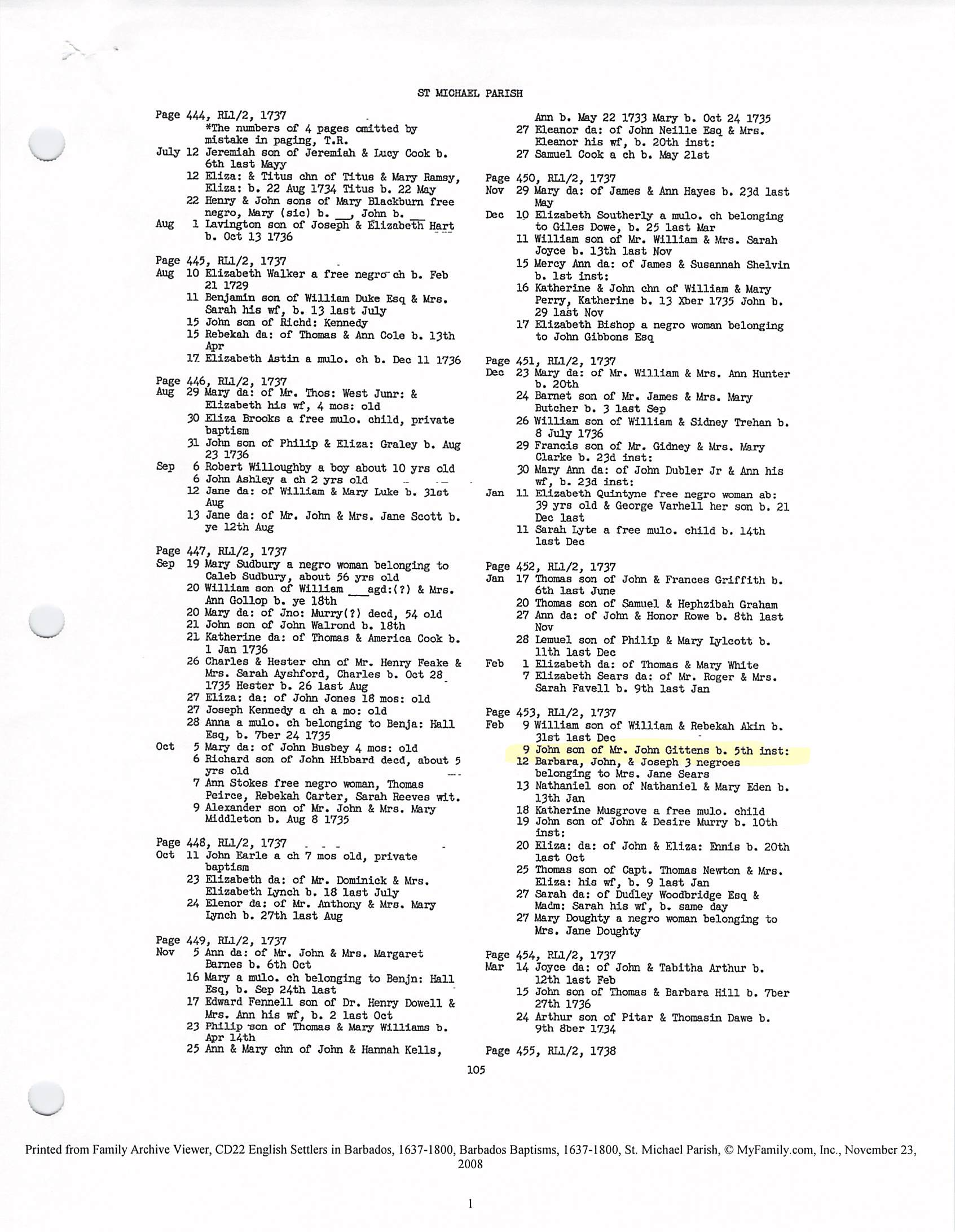 John Gittens baptism 1737