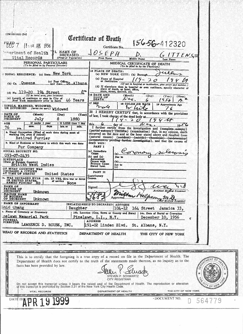 Death Certificate - Joseph Dudbrook Gittens