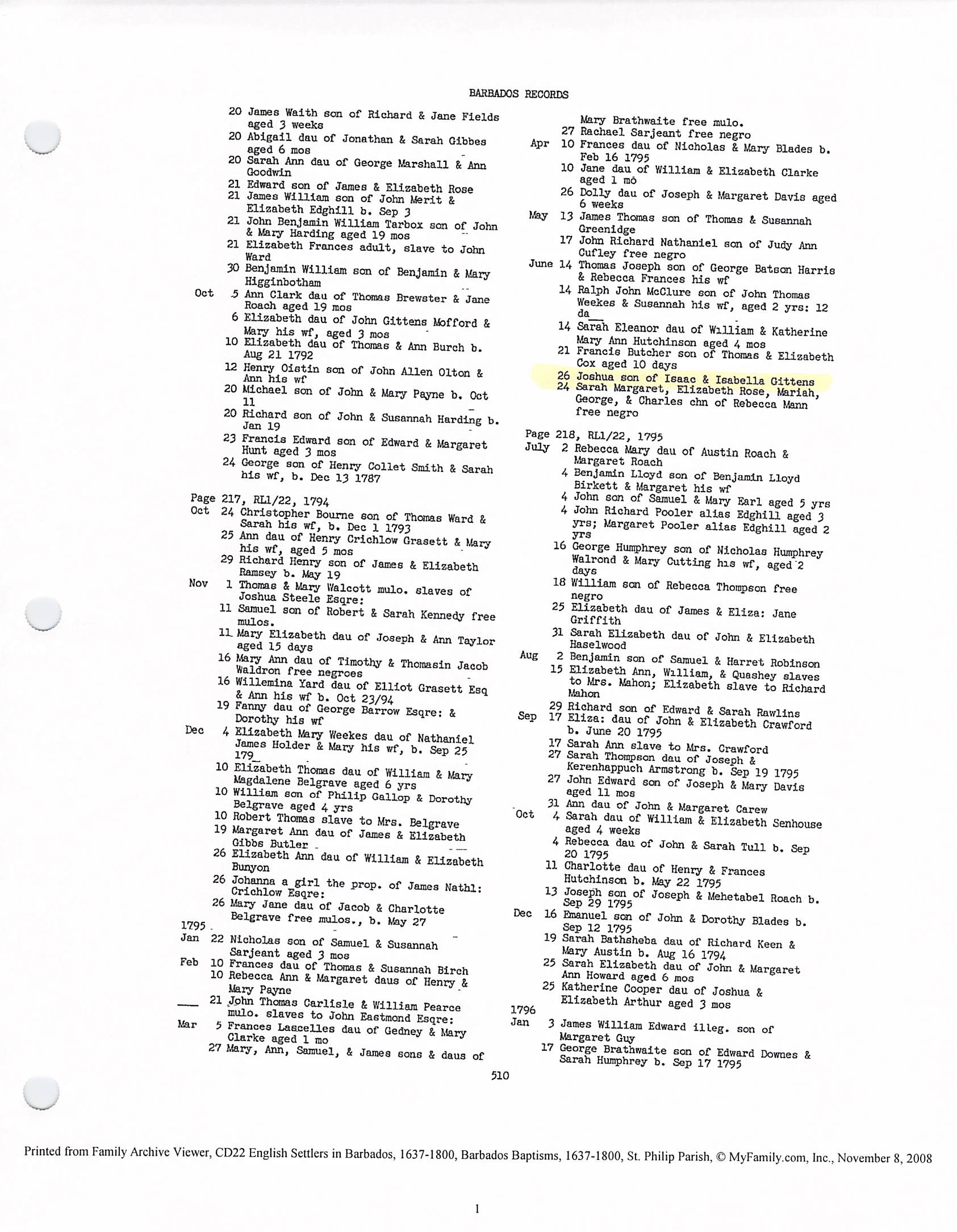 Joshua Gittens Baptism 1795