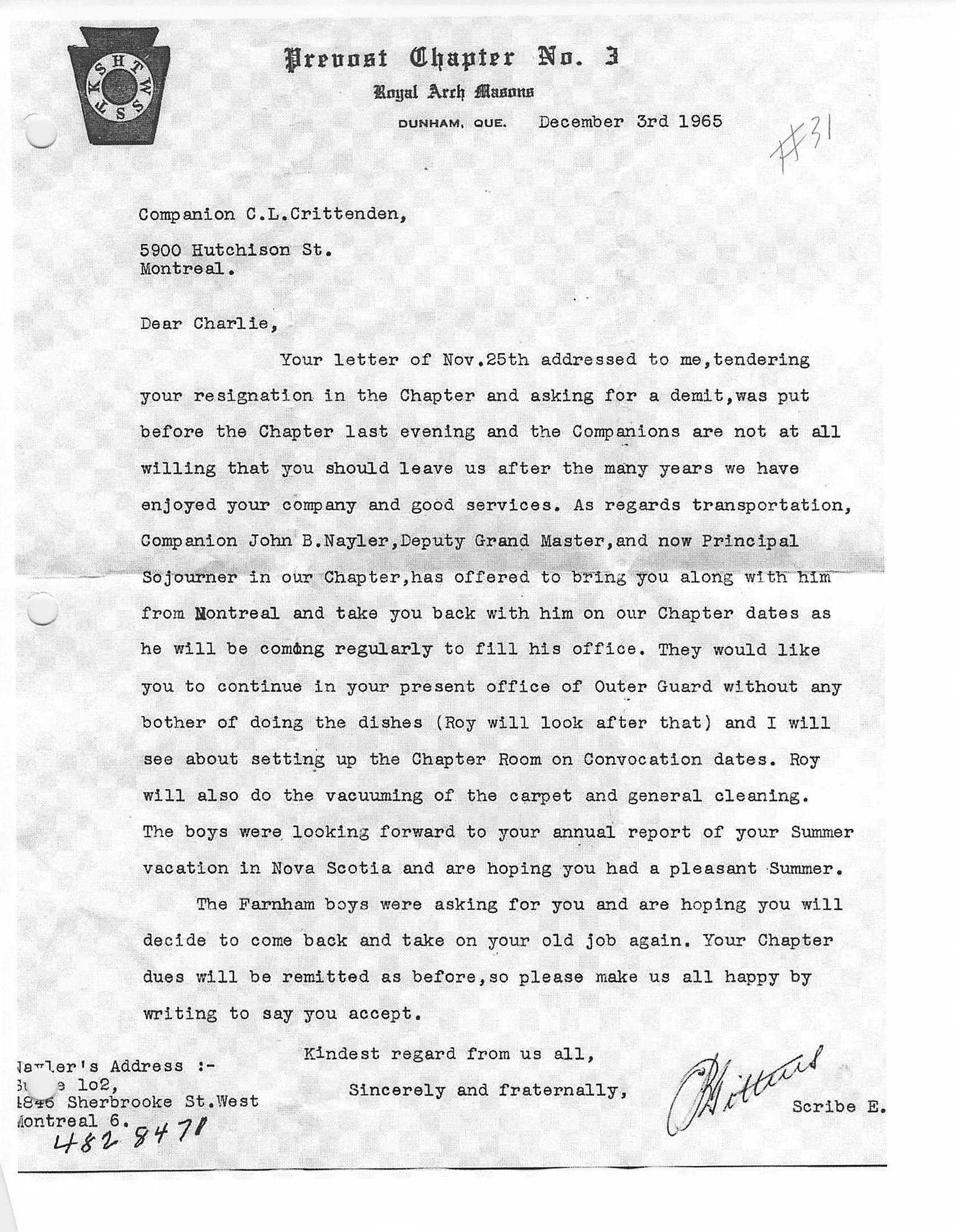 Letter from Masons 1965