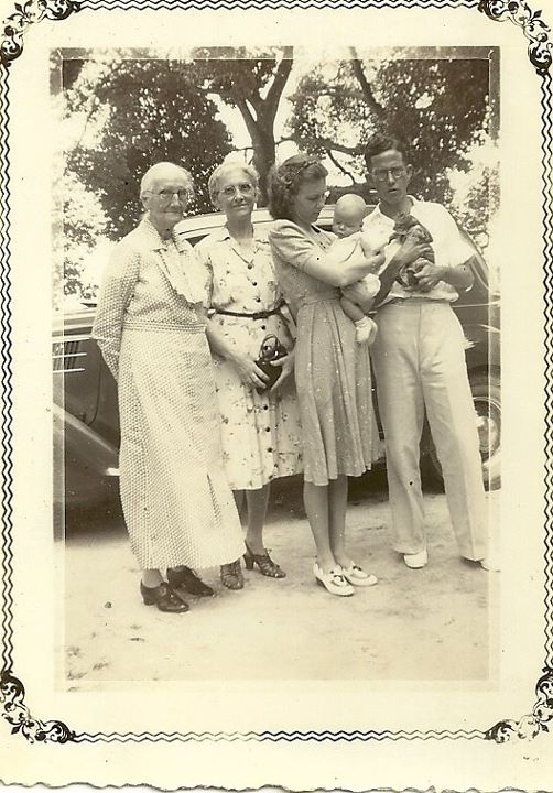L to R, Ellen Letitia Clinckett Leach (Amie), Edith Gretton Leach Gittens, Edith Doreen Gittens Mahon (Our mother) holding Brian Mahon and Michaael Greaves Mahon (our father)