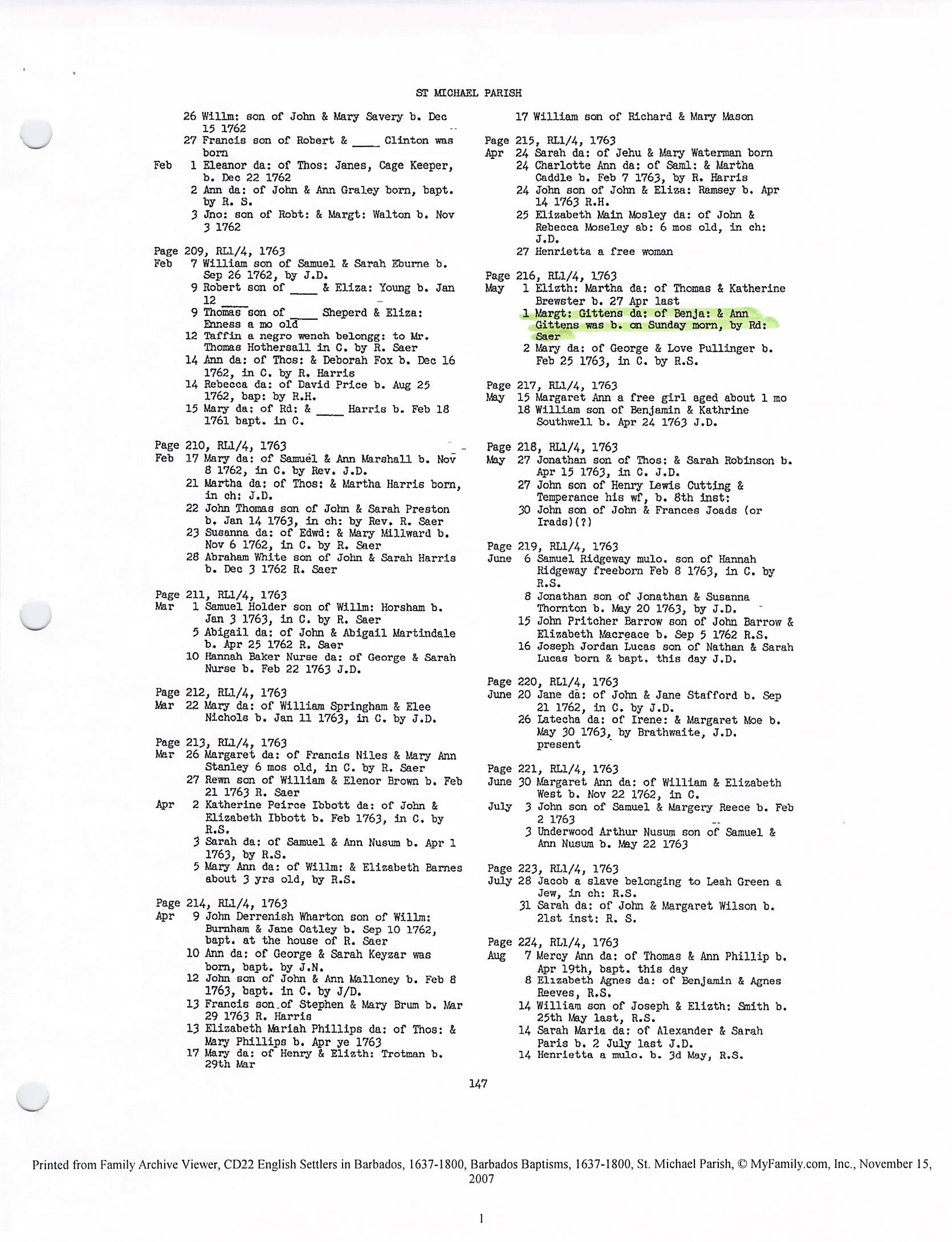 Margaret Gittens baptism 1763