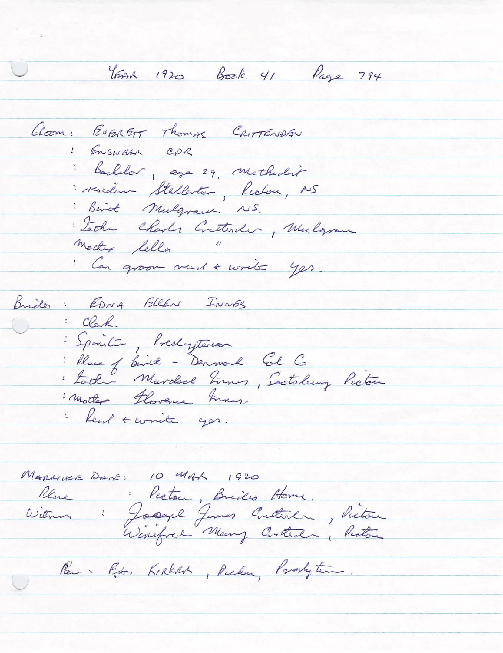 Marriage Certificate Info Everett Crittenden