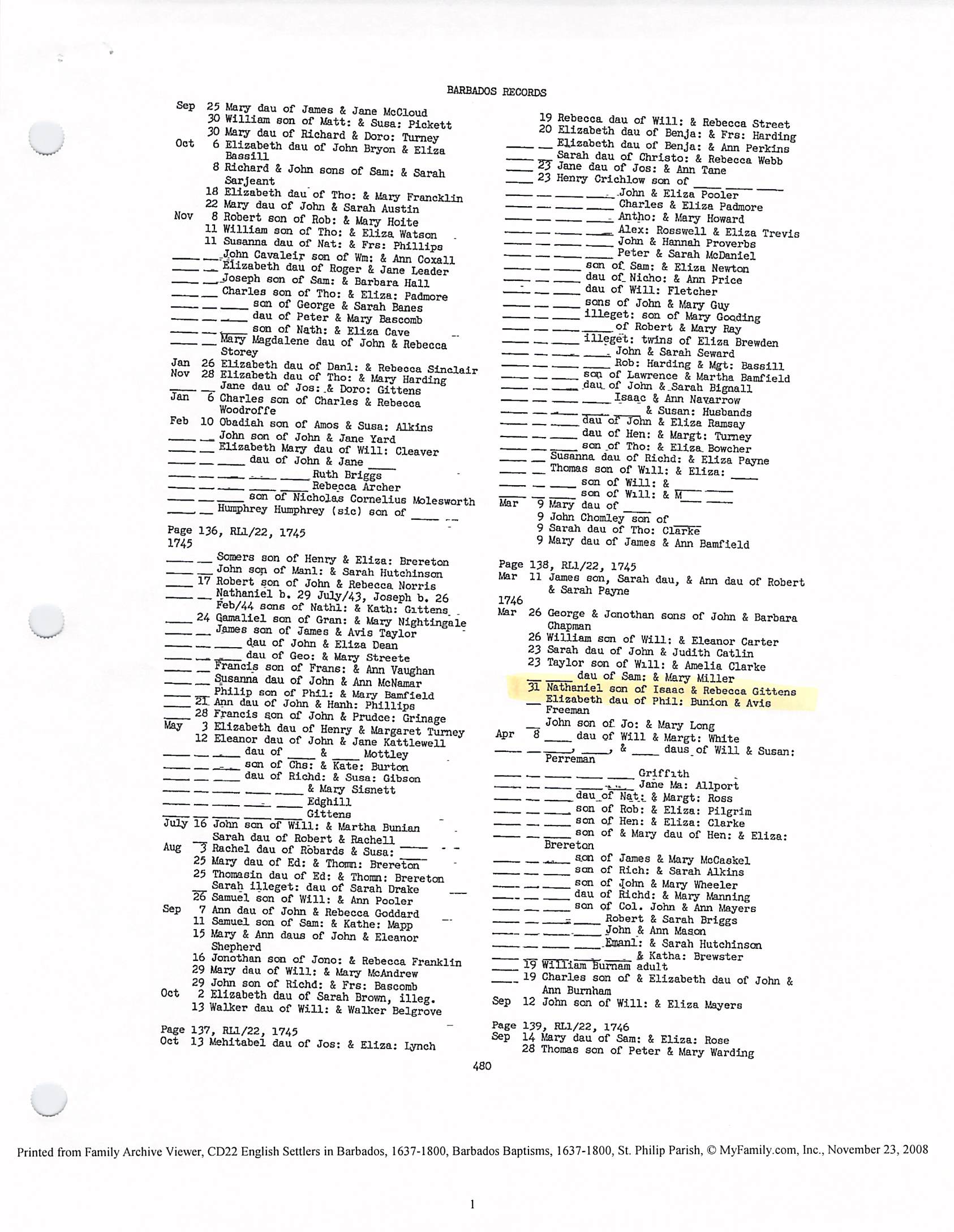 Nathaniel Gittens baptism 1746