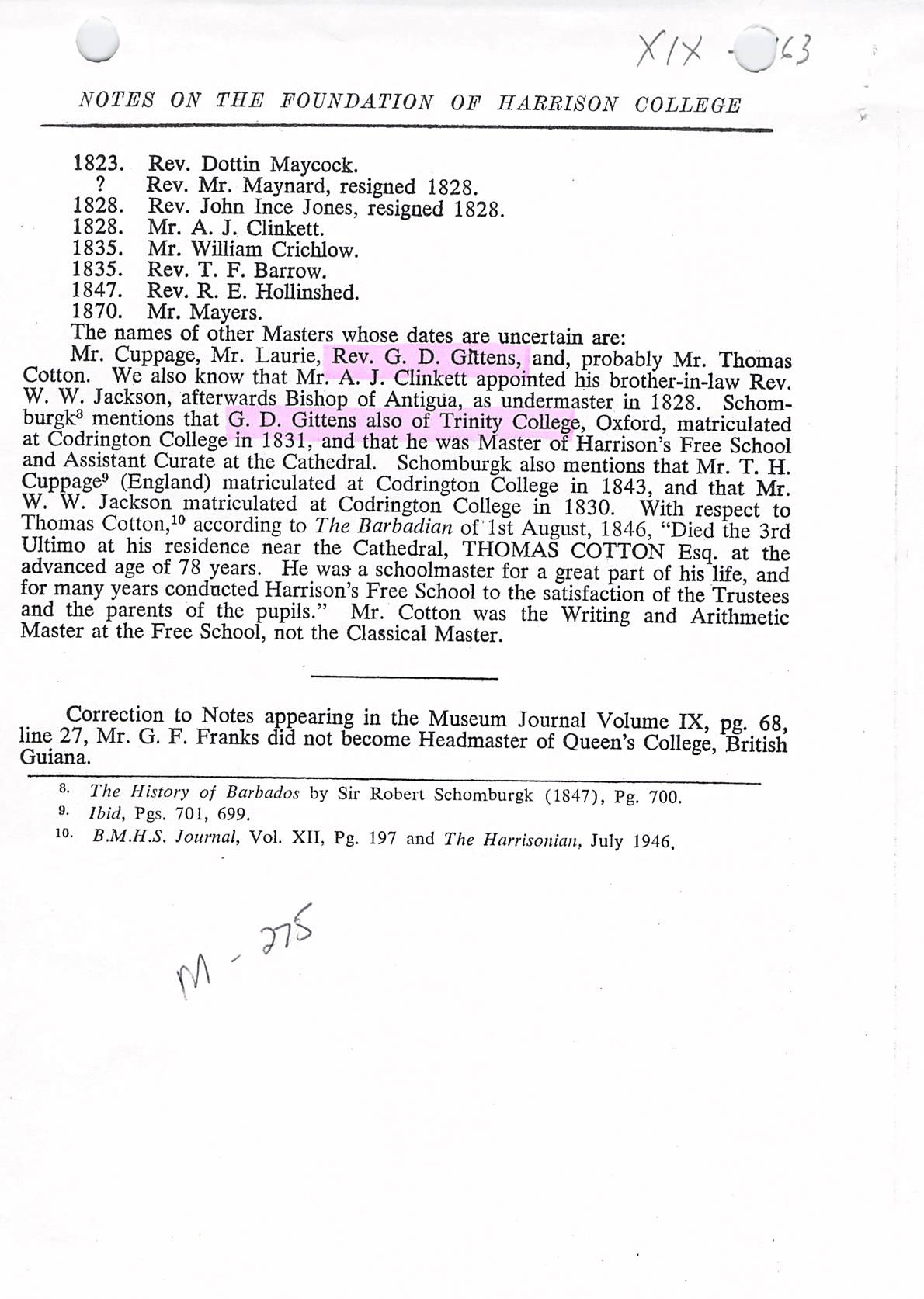 Notes on foundation of Harrison College