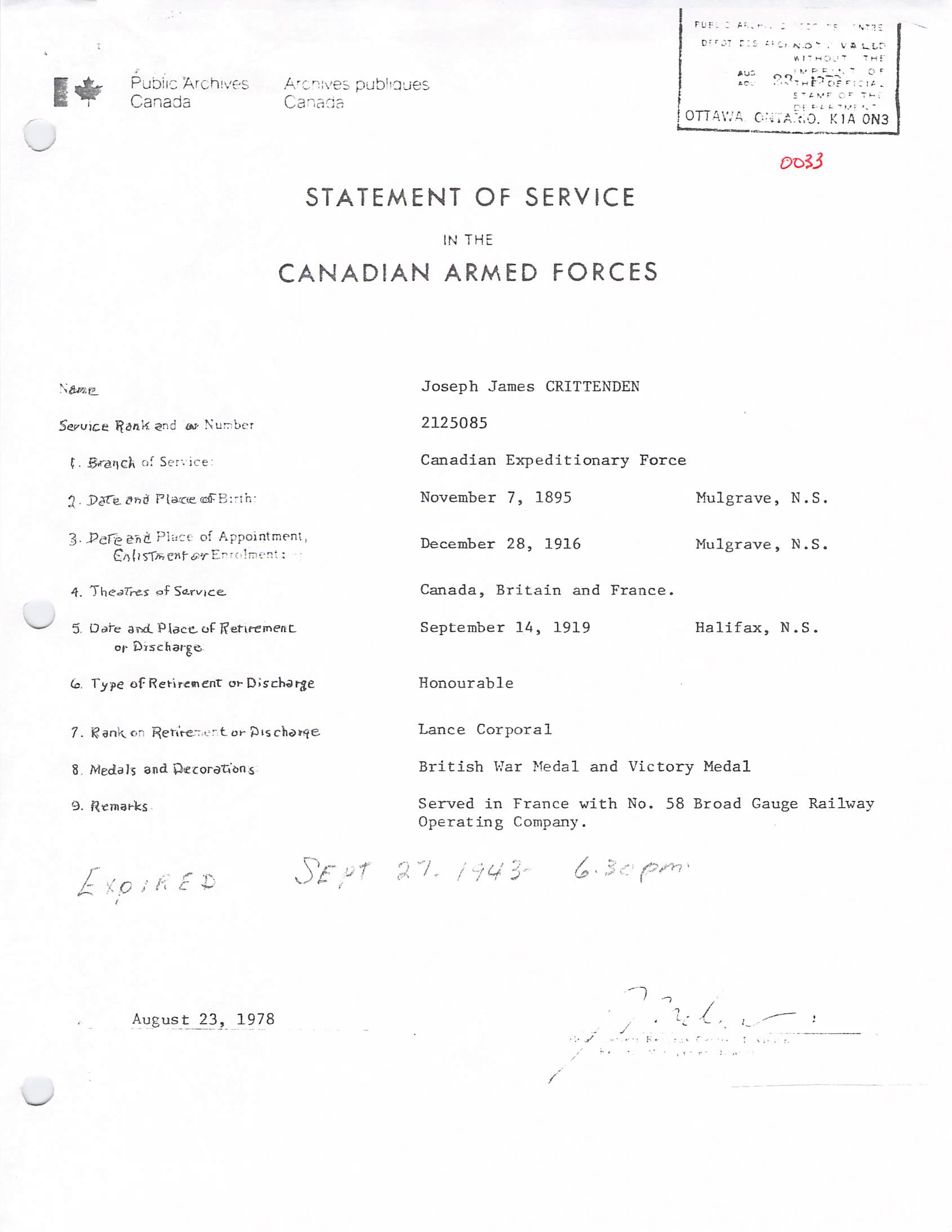 Statement of Service Canadian Forces
