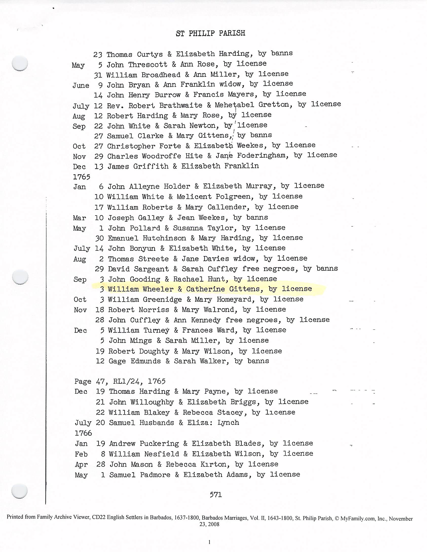 Wheeler & Gittens Marriage 1765