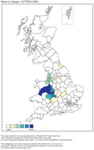 Frequency distribution of the Gittens surname in 1881