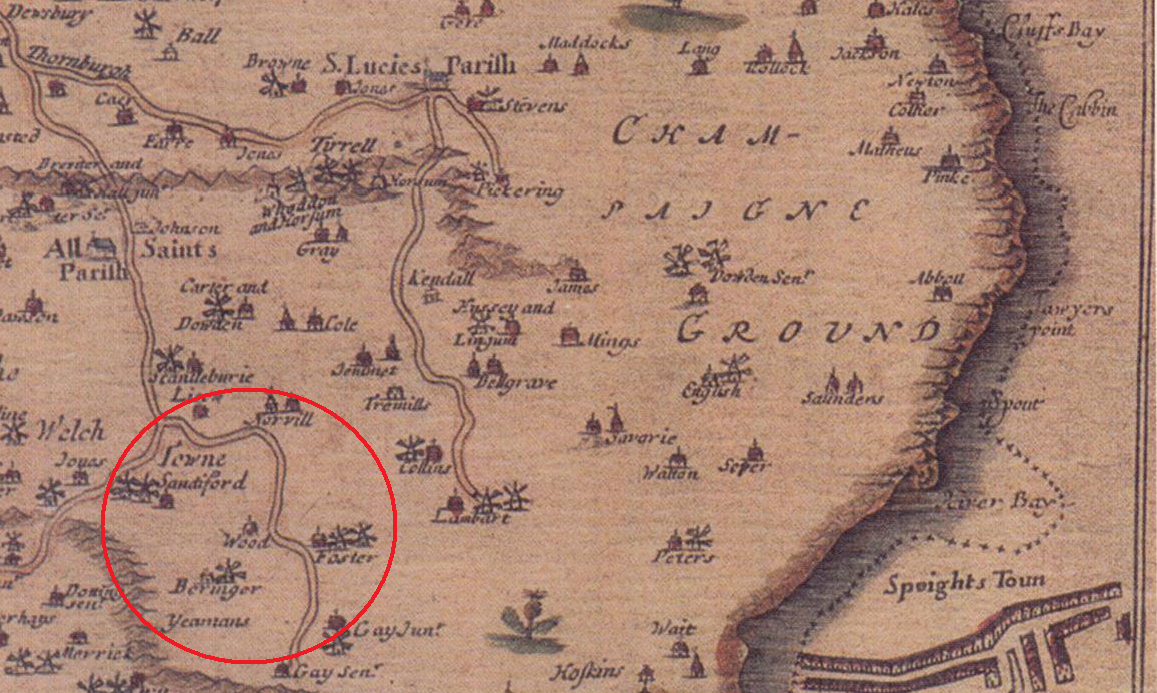 Section of Richard Ford’s map of 1674 showing “Foster” owning land in St. Peters